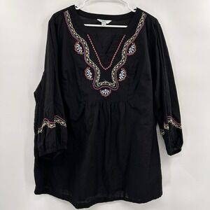 Croft & Barrow Womens Embroidered 3/4‎ Sleeve Top Size 2X Black Boho Artsy